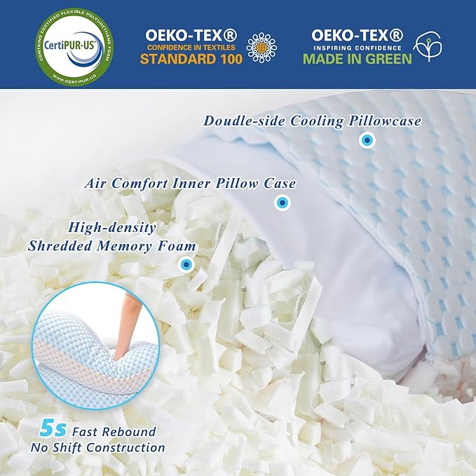 Cooling Pillows King Size Set of 2, Shredded Memory Foam Pillow Adjustable Bed Pillows Firm Pillow with Removable Washable Cover and Extra Filling Pack