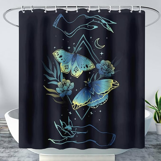 AILONEN Blue Moth Shower Curtain,Flora Death Moth Bath Curtain for Bathroom Decor,Polyester Waterproof with 12 Plastic Hooks 72" W*72" H