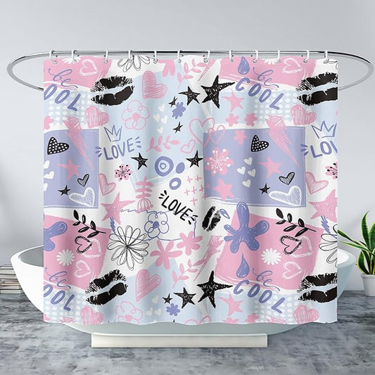 AILONEN Love Lipstick Shower Curtain,Stars with Flowers Theme Waterproof Fabric Shower Curtain Set for Girls Boys Kids Teens, 48" W*72" H Purple Graffiti Shower Curtain Set