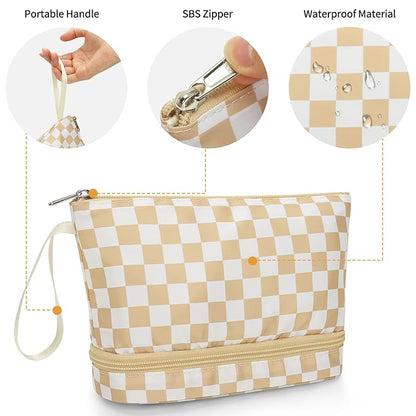 Ethereal Checkered Small Makeup Bag, Travel Makeup Brushes Organizer Bag for Women Purse Daily Double Layer Cosmetic Bag Portable Makeup Pouch, khaki