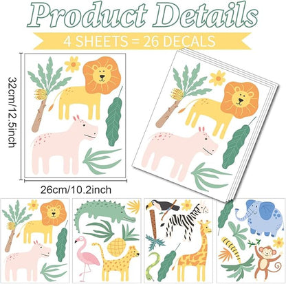 Animal Wall Decals Peel and Stick, 26 Pcs Jungle Safari Animal Decor for Boys Bedroom Nursery Computer Lockers Living Room