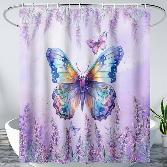 AILONEN Butterfly Shower Curtain for Bathroom, Purple Lavender Bath Curtain Decor,Flower Butterfly Waterproof Shower Curtain with 12 Plastic Hooks (Kids/Girls/Women/Teens) 60" W*72" H