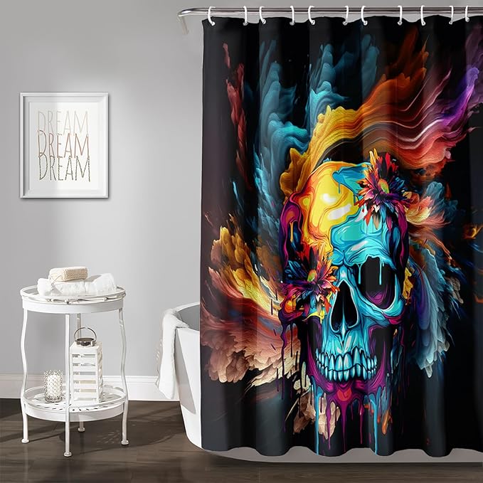 AILONEN Sugar Skull Shower Curtain for Bathroom,Romantic Colorful Smoky Skull Bath Curtain,Watercolor Skull Skeleton Decoration Bathroom Waterproof Shower Curtain with 12 Plastic Hooks, 72" W*78" H