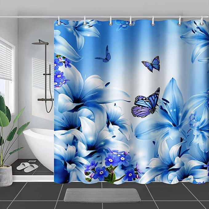 AILONEN Girls Butterfly Shower Curtain for Bathroom,Modern Botanical Floral Tulip Lily Flower Blue Butterfly Decor Bath Curtain 60" W*72" H Polyester Fabric Waterproof Bathroom Curtain with 12 Hooks