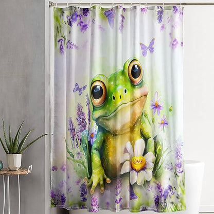 AILONEN Cartoon Frog Shower Curtain, Cute Green Frog Shower Curtain Set with Hooks for Kids Boys Girls,Purple Flowers Tropical Amphibian Waterproof Fabric Shower Curtain for Bathroom,60" W*72" H