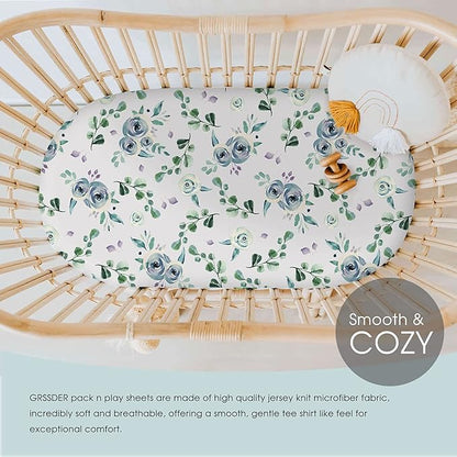 Stretchy Ultra Soft Fitted Bassinet Sheet Set 2 Pack, Universal Cradle Sheet Set for Rectangle, Oval, or Hourglass Bassinet Pad/Mattress, Blue Rose for Girls and Boys