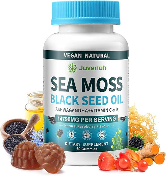 Vegan Sea Moss Gummies with Black Seed Oil,Ashwagandha, Vitamin C&D for Immune Support, Digestive, Antioxidant 13 in 1 Bundle, Sea Moss Chlorophyll Advanced Strength Formula 60 Gummies