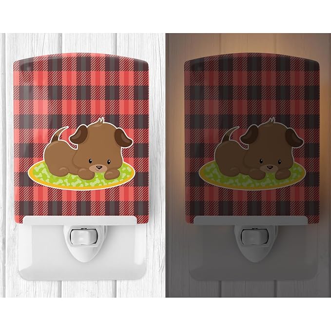 Caroline's Treasures BB7072CNL Puppy on Black Red Gingham Ceramic Night Light Compact, UL-Certified, Ideal for Bedroom, Bathroom, Nursery, Hallway, Kitchen, 6x4x3, Multicolor