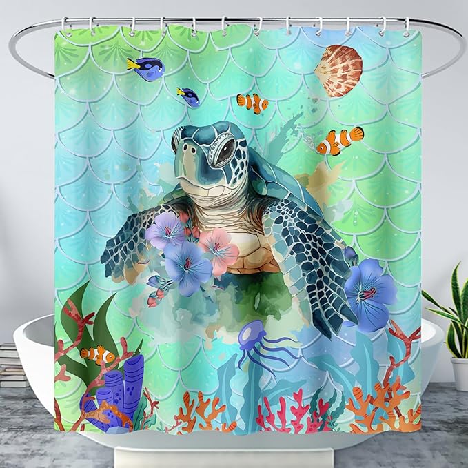 AILONEN Cartoon Sea Turtle Shower Curtain,Kawaii Sea Animal Bathroom Curtains for Kids,Girls,Watercolor Green Ocean Theme Shower Curtains Set with Hooks for Bathroom,36" W*72" H