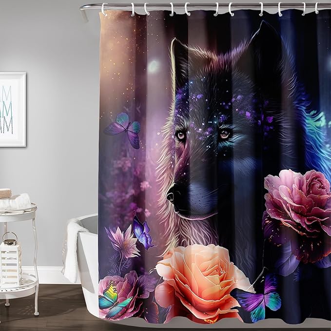 AILONEN Wolf Shower Curtain,Butterfly Flower Wolf Bath Curtain for Kids Boys Girls,Polyester Waterproof for Bathroom with 12 Plastic Hooks 72" W*84" H