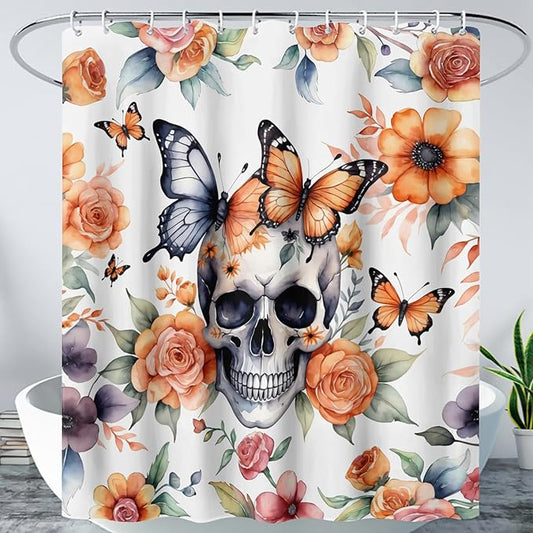 AILONEN 3D Sugar Skull Shower Curtain,Sunflower with Skeleton Design Shower Curtain Set with Hooks for Boys Girls,Butterfly Gothic Skull Waterproof Fabric Shower Curtain for Bathroom,72" W*96" H