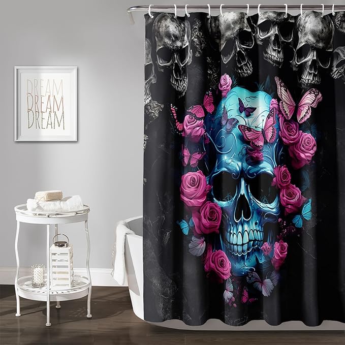 AILONEN 3D Skull Shower Curtain,Oil Ren Rose with Skeleton Design Shower Curtain Set with Hooks for Boys Girls Teens,Gothic Skull Waterproof Fabric Shower Curtain for Bathroom,48" W*72" H