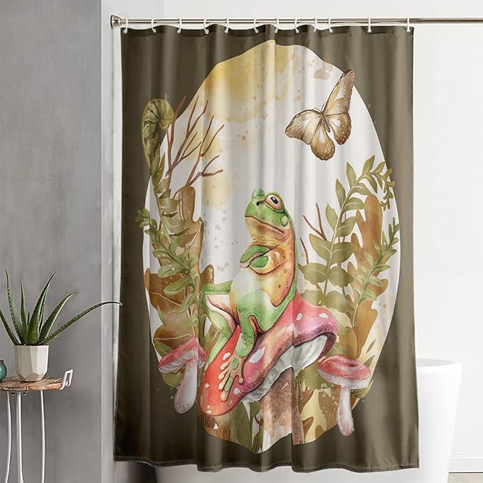AILONEN Green Frog Mushroom Shower Curtain,Red Mushroom Waterproof Fabric Bath Curtain for Kids Girls Boys,Boho Aesthetic Minimalist Shower Curtain Set for Bathroom with Hooks,72" W*78" H