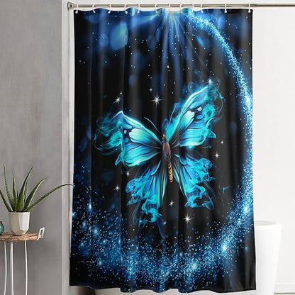 AILONEN Butterfly Shower Curtain Bathroom 72" W*78" H Sparkly Blue Butterflies Curtain Cloth Fabric Bathroom for Girls Kids,Boho Style Shower Curtain Set