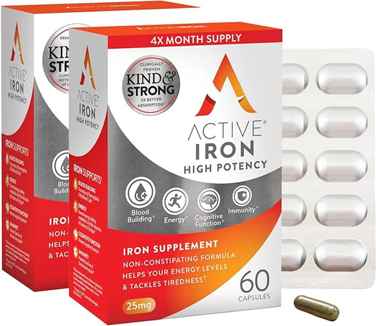 Active Iron High Potency Iron Supplement, Non-Constipating Gentle Iron Pills for Women & Men, 2X Better Absorption, Clinically Proven to Increase Iron & Energy Levels, 25mg (120 Capsules), Twin Pack