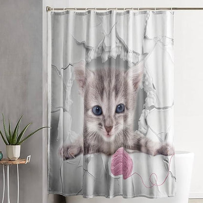 AILONEN 3D Kawaii Cat Shower Curtain, Beautiful Fuzzy Ball Kitten Shower Curtain for Kids Girls Boys Bathroom Decor,Cute Pet Animal Cat Lover Waterproof Shower Curtains Sets with Hooks,48" W*72" H