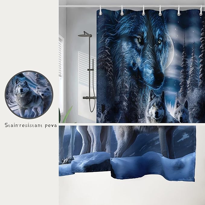 AILONEN Boys Snow Wolf Shower Curtain for Bathroom Decor,3D Night Galaxy Starry Wolf Decor Bath Curtain 48" W*72" H Polyester Fabric Waterproof Bathroom Curtain with 12 Hooks