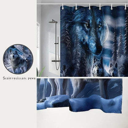AILONEN Boys Snow Wolf Shower Curtain for Bathroom Decor,3D Night Galaxy Starry Wolf Decor Bath Curtain 72" W*84" H Polyester Fabric Waterproof Bathroom Curtain with 12 Hooks