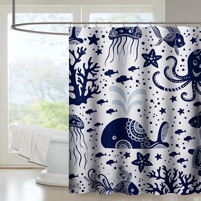 AILONEN Cartoon Dolphin Shower Curtain for Kids 48" W*72" H Inch,Blue Whales Octopuses Turtles Pattern Shower Curtain,Ocean Life Theme 12 Pack Hooks Polyester Waterproof Fabric Decor for Bathroom