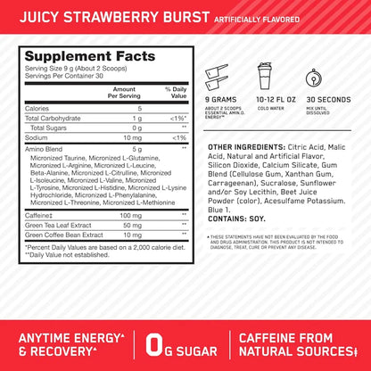 Optimum Nutrition Amino Energy - Pre Workout with Green Tea, BCAA, Amino Acids, Keto Friendly, Green Coffee Extract, Energy Powder - Juicy Strawberry Burst, 30 Servings 