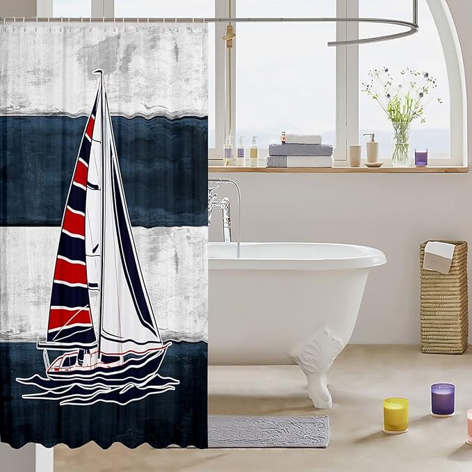 Feelyou Sailboat Bathroom Waterproof Accessories with 12 Hooks Nautical Decor Fabric Shower Curtain for Kids Boys Girls Sea Adventure Shower Curtain Ocean Themed Curtains,72x84 Inches