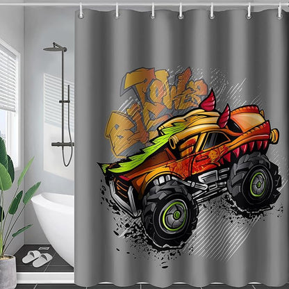 AILONEN Truck Shower Curtain for Kids Boys Teens,Red Monster Truck Bath Curtain for Bathroom Decor,Jam Truck Polyester Waterproof with 12 Plastic Hooks 72" W*96" H