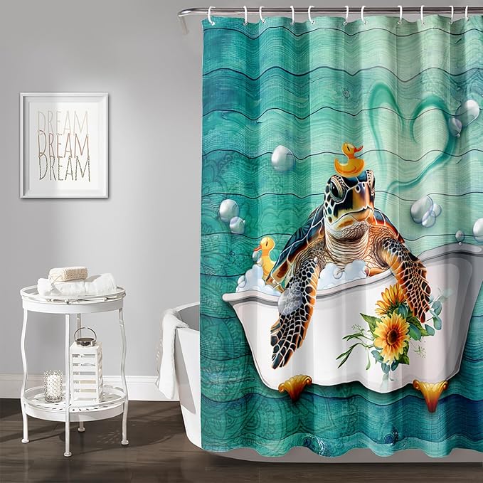 AILONEN Cute Sea Turtle Shower Curtain Set for Bathroom,Cartoon Funny Bathtub Turtle Bath Curtain,Sunflower Theme Waterproof Fabric Shower Curtain with Hooks,72" W*72" H