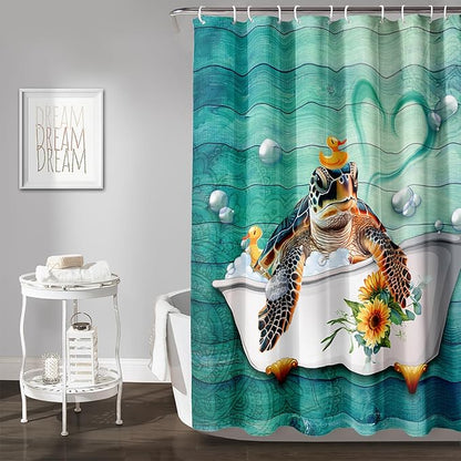AILONEN Cute Sea Turtle Shower Curtain Set for Bathroom,Cartoon Funny Bathtub Turtle Bath Curtain,Sunflower Theme Waterproof Fabric Shower Curtain with Hooks,72" W*84" H