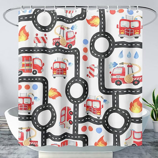 AILONEN Fire Truck Shower Curtain for Boys Bathroom Decor,Firemen Truck Bath Curtain,Construction Truck Printed Kids Curtain,Waterproof with 12 Plastic Hooks, 72" W x 72" H