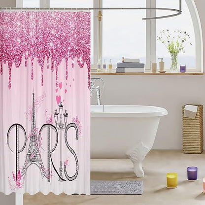 Feelyou Eiffel Tower Shower Curtain 72"x78" Glitter Romantic Paris Bathroom Shower Curtain Set for Boys Girls Teens Ombre Pink Butterfly Bath Curtain Modern French Bathroom Accessories(No Glitter)