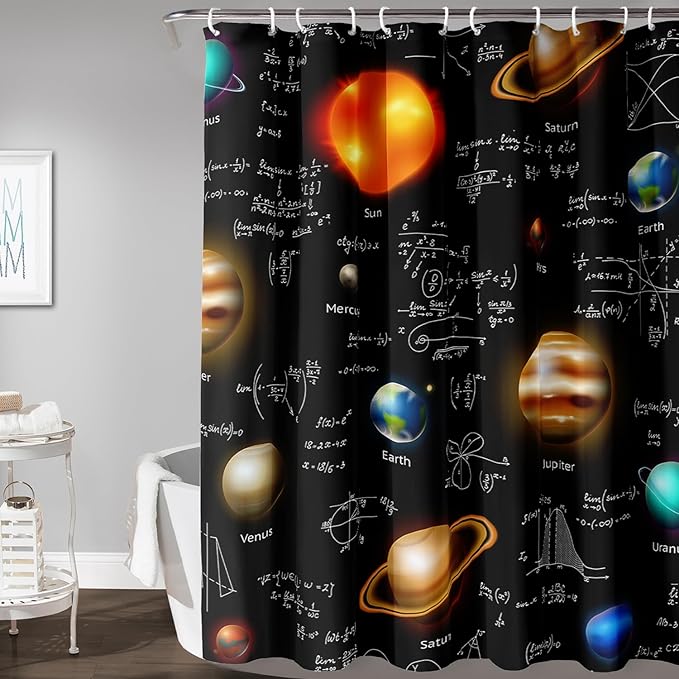 AILONEN Solar System Shower Curtain,Math Galaxy Planet Bath Curtain for Bathroom Decor,Polyester Waterproof with 12 Plastic Hooks 72" W*96" H