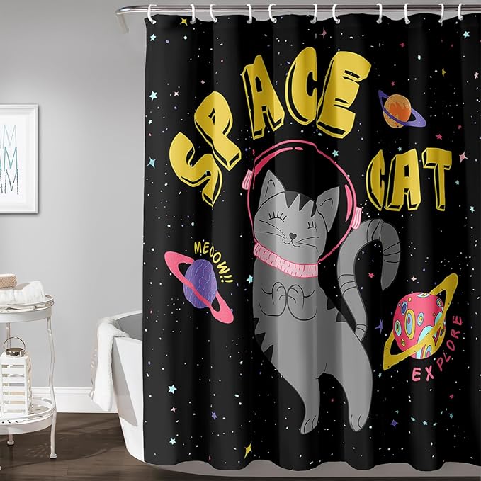 AILONEN Kawaii Cat Shower Curtains,Galaxy Aerospace Cat Bath Curtain for Bathroom,Outer Space Polyester Waterproof with 12 Plastic Hooks 48" W*72" H