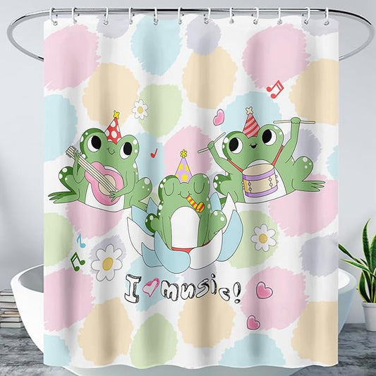 AILONEN Frog Shower Curtain, Cute Frog Bathroom Curtain,Music Frog Green Cartoon Kids Shower Curtain 72" W*78" H Polyester Waterproof Frog Bathroom Curtain with 12 Hooks
