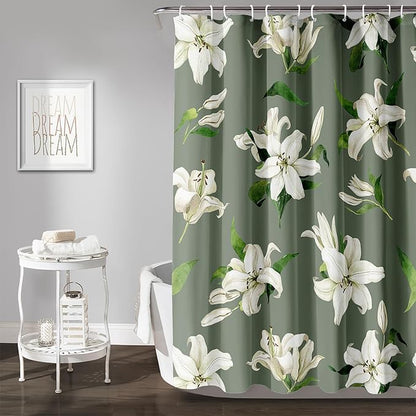 AILONEN Flower Shower Curtain, Vintage Garden Lilies Theme Waterproof Fabric Shower Curtain Set,Green Spring Flowers Bathroom Decor for Teen Girls Women,72" W*72" H