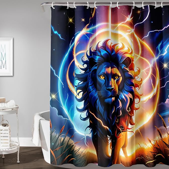 AILONEN 3D Lion Shower Curtain for Bathroom,Gold Halo Lightning Lion Printed Bath Curtain,Boys Teen Kids Running Lion Decoration Shower Curtain Waterproof 72" W*78" H