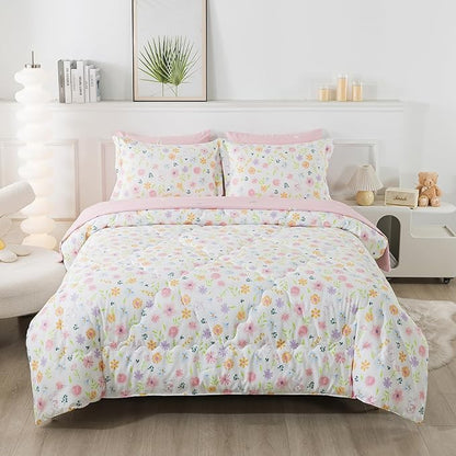 Wajade Floral Comforter Set Bed in A Bag Twin Size 7 Piece Pink Botanical Flower and Green Leaves Bedding Set for Girls (1 Comforter, 1 Flat Sheet, 1 Fitted Sheet, 2 Pillowcase and 2 Pillow Sham)