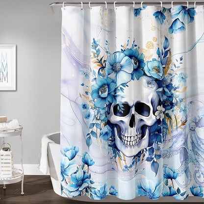 AILONEN Sugar Skull Blue Shower Curtain, Watercolor Floral Skull Octopus Printed Bath Curtain,Bathroom Waterproof Shower Curtain for Boys Girls 72" W x 72" H,with 12 Plastic Hooks