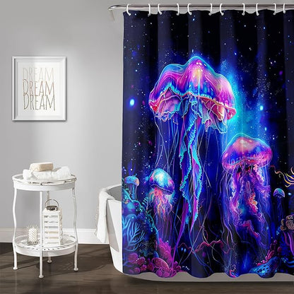 AILONEN Jellyfish Shower Curtain,Cartoon Magic Jellyfish Waterproof Fabric Shower Curtain Set for Bathroom,Boho Style Starry Night Coral Bath Curtain with Hooks for Kids Girls, 72" W*84" H