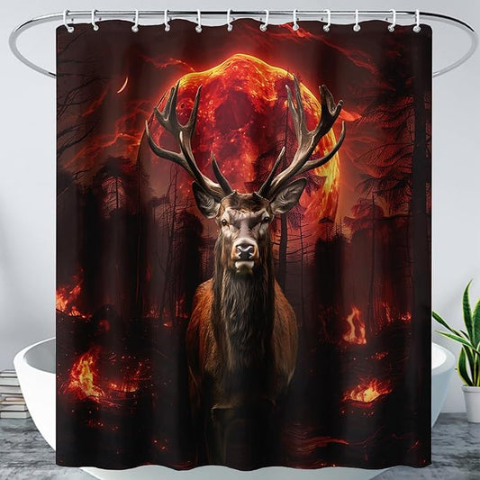 AILONEN Deer Hunting Shower Curtain for Boys,Moon Flame Fire Elk Bath Curtain for Bathroom,Print Polyester Waterproof with 12 Plastic Hooks 72" W*96" H