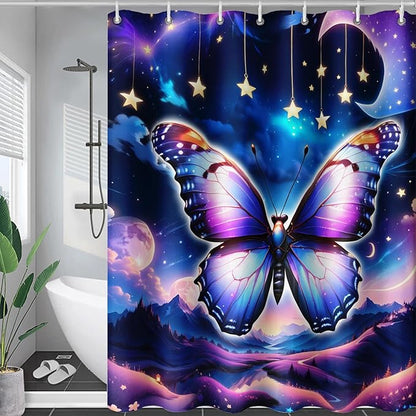AILONEN Butterfly Shower Curtain for Girls, Fairy Purple Clouds Print Starry Butterfly Bath Curtain,Fantasy Moon Butterfly Decoration Bathroom Waterproof Curtain with 12 Plastic Hooks, 60" W*72" H
