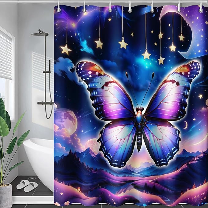 AILONEN Butterfly Shower Curtain for Girls, Fairy Purple Clouds Print Starry Butterfly Bath Curtain,Fantasy Moon Butterfly Decoration Bathroom Waterproof Curtain with 12 Plastic Hooks, 72" W*96" H