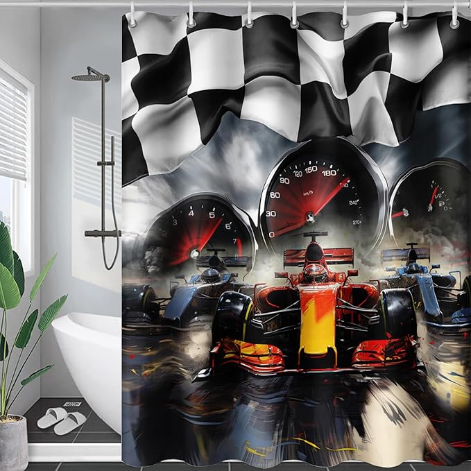 AILONEN Racing Car Shower Curtains,Checkered Speed Car Bath Curtains Gifts for Racer,Polyester Waterproof for Bathroom with 12 Plastic Hooks 72" W*96" H