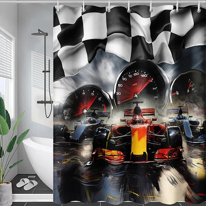 AILONEN Racing Car Shower Curtains,Checkered Speed Car Bath Curtains Gifts for Racer,Polyester Waterproof for Bathroom with 12 Plastic Hooks 72" W*96" H