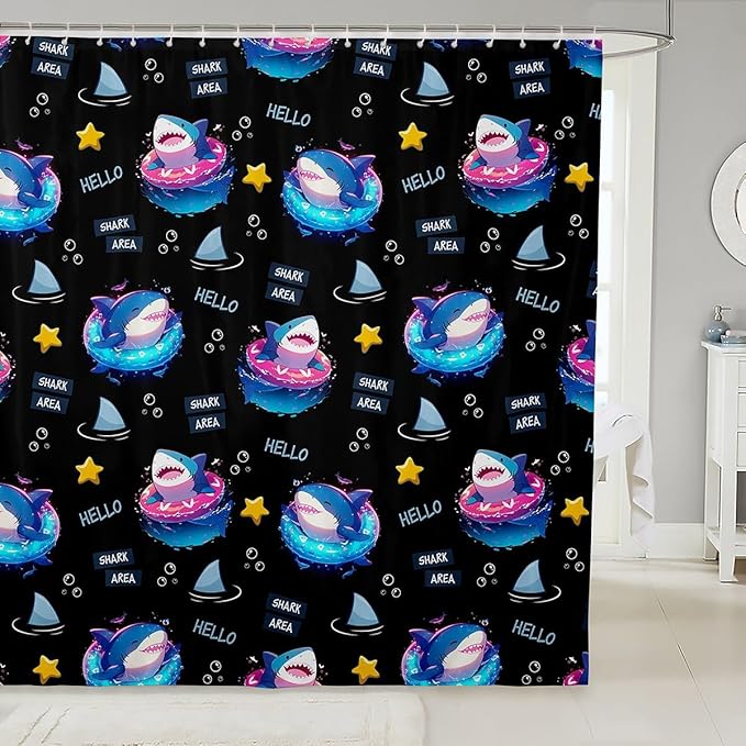 Feelyou Cute Shark Bathroom Waterproof Accessories with 12 Hooks Under Sea Animals Themed Fabric Shower Curtain for Kids Boys Girls Yellow Stars Shower Curtain Black and Blue Curtains,72X78 Inches