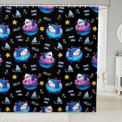 Feelyou Cute Shark Bathroom Waterproof Accessories with 12 Hooks Under Sea Animals Themed Fabric Shower Curtain for Kids Boys Girls Yellow Stars Shower Curtain Black and Blue Curtains,72X78 Inches
