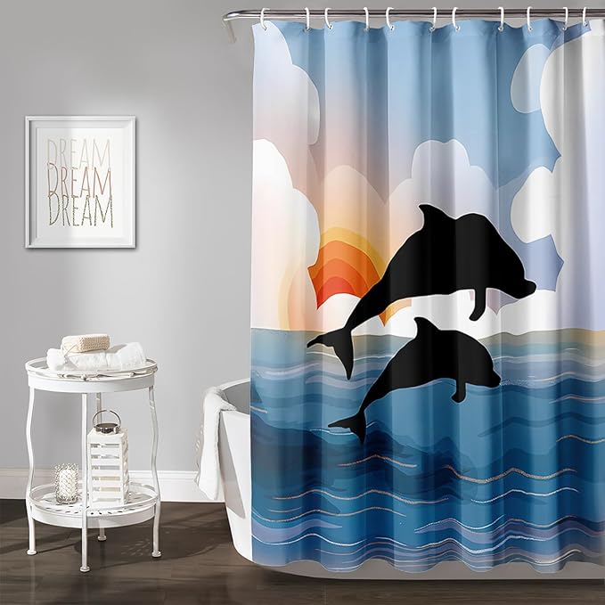 AILONEN Cartoon Dolphin Shower Curtain,Jumping Dolphin Bathroom Curtains for Kids,Girls,Sunset by The Sea Theme Shower Curtains Set with Hooks for Bathroom,72" W*96" H