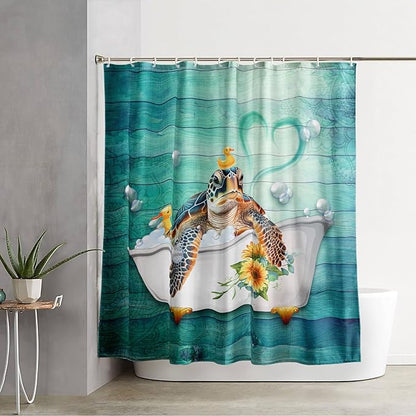 AILONEN Cute Sea Turtle Shower Curtain Set for Bathroom,Cartoon Funny Bathtub Turtle Bath Curtain,Sunflower Theme Waterproof Fabric Shower Curtain with Hooks,72" W*72" H
