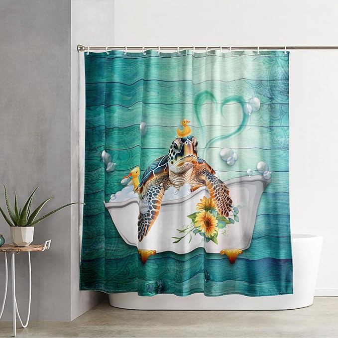 AILONEN Cute Sea Turtle Shower Curtain Set for Bathroom,Cartoon Funny Bathtub Turtle Bath Curtain,Sunflower Theme Waterproof Fabric Shower Curtain with Hooks,72" W*84" H