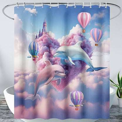 AILONEN Cute Dolphin Shower Curtain,Romantic Pink Sky Clouds Hearts Print Bath Curtain,Blue and Pink Dolphin Shower Curtain Waterproof for Bathroom Decor with 12 Plastic Hooks, 72" W*84" H