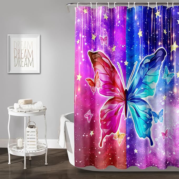 AILONEN Butterfly Shower Curtain,Red and Blue Butterfly Bath Curtain,Tie Dye Starry Rainbow Modern Decorative Shower Curtain with 12 Plastic Hooks (Kids/Girls/Women/Teen/) 60" W*72" H